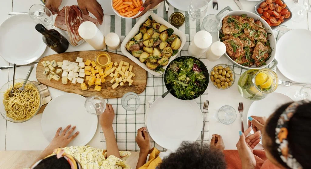 Family enjoying a balanced meal together at home