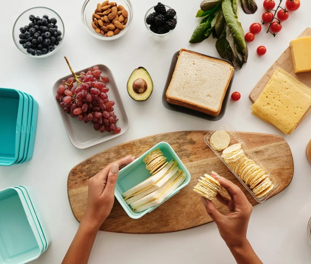 A full-day meal planning setup with healthy food options