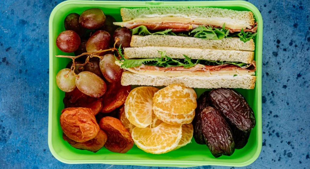 healthy lunch with protein veggies fruit